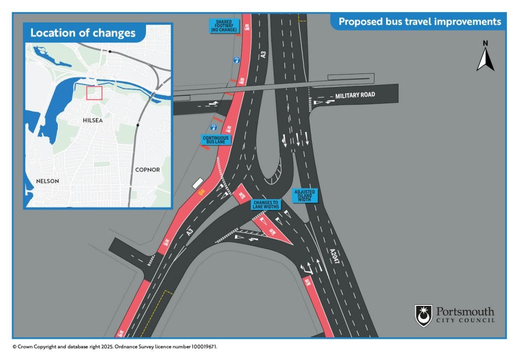 A map showing transport upgrade works on A3 Northern Parade