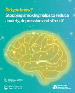 Text reads: Did you know? Stopping smoking helps to reduce anxiety, depression and stress? Yellow visual of a brain is shown on a turquoise background.