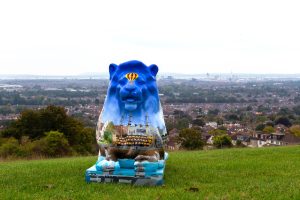 Leonardo Da Pompey lion artwork by artist Louise Braithwaite looking over Portsdown Hill